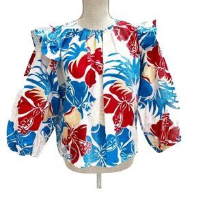 Royal Native Hawaiian Tropical Hibiscus Ruffle Sleeve Blouse